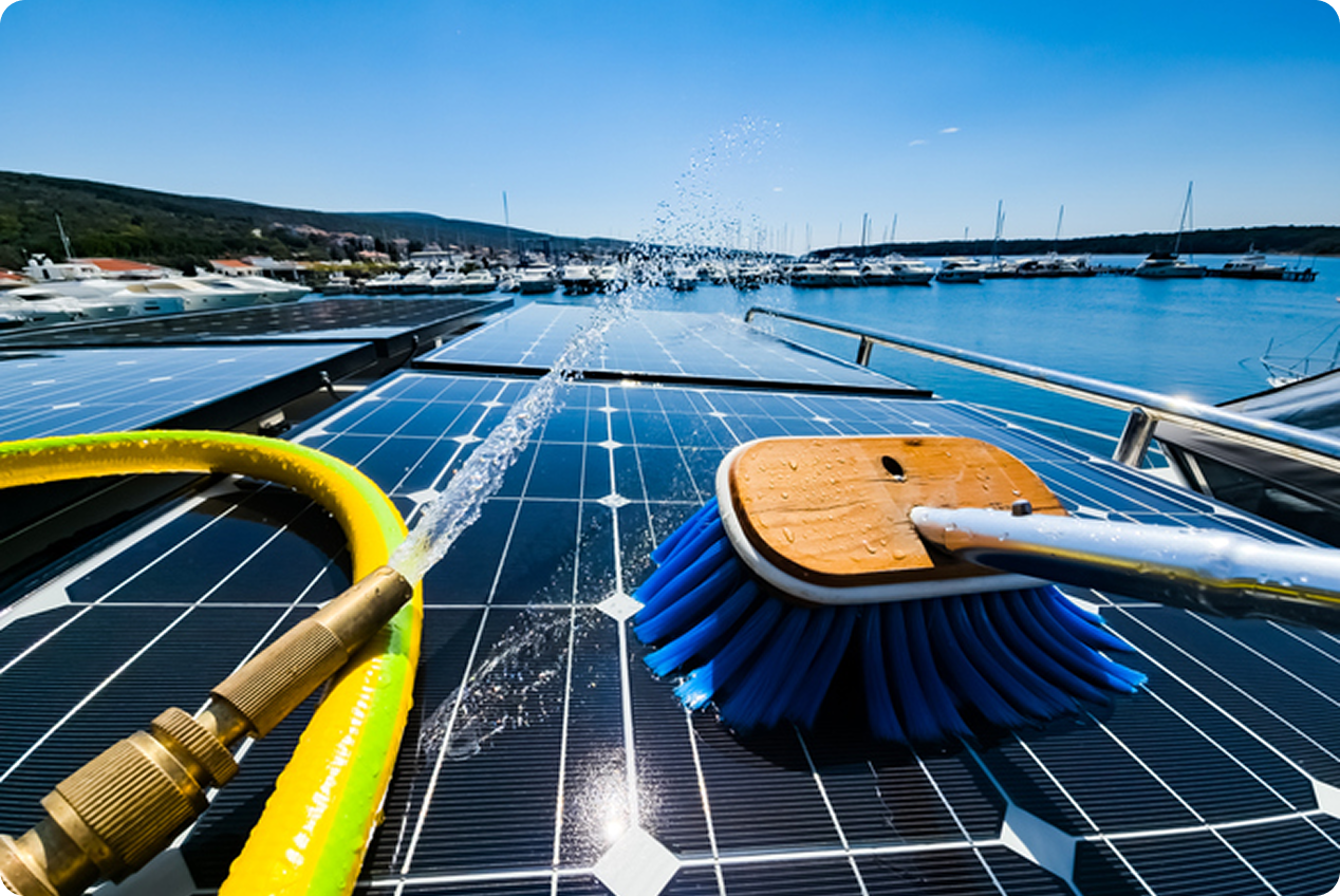 Cleaning solar panels with brush and hose