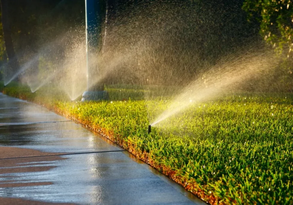 Water sprinklers spraying grass by pavement